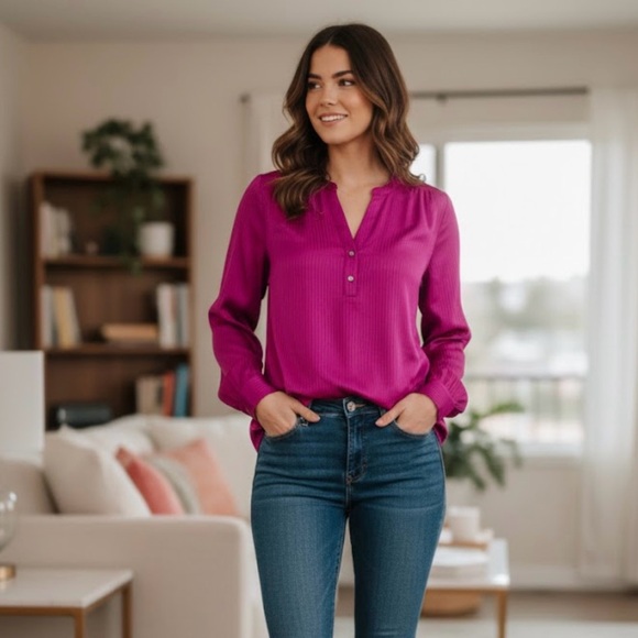 J. Crew Tops - J.Crew XS Fuchsia Pleated Long Sleeve Blouse – Excellent Condition